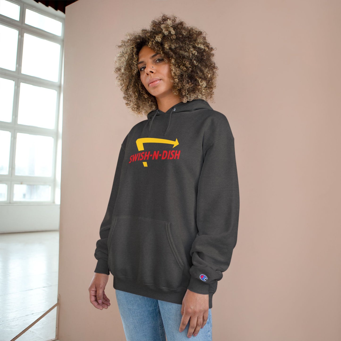 Swish-N-Dish Champion Hoodie, Casual Streetwear, Unisex Hoodie, Graphic Hooded Sweatshirt, Gift for Him or Her, Trendy Everyday Wear