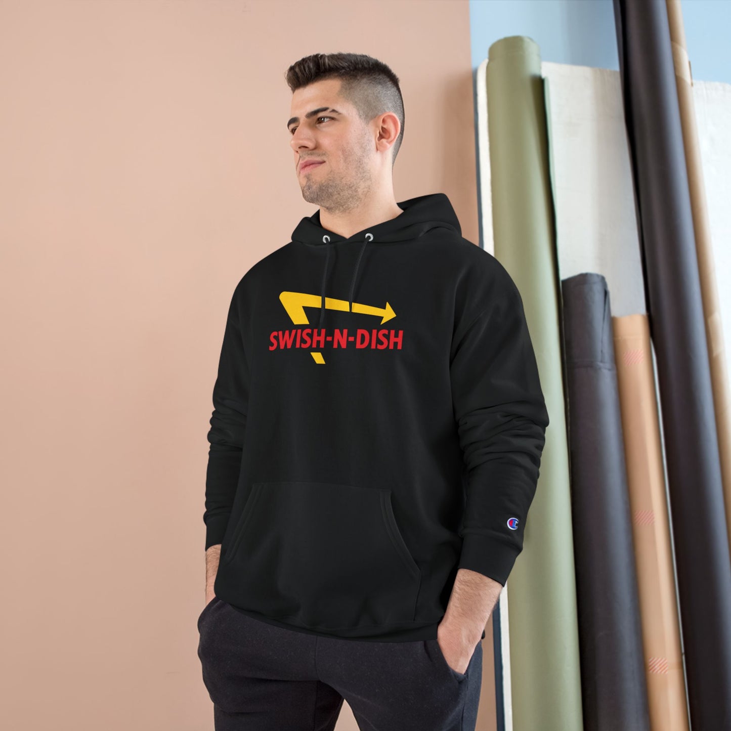 Swish-N-Dish Champion Hoodie, Casual Streetwear, Unisex Hoodie, Graphic Hooded Sweatshirt, Gift for Him or Her, Trendy Everyday Wear