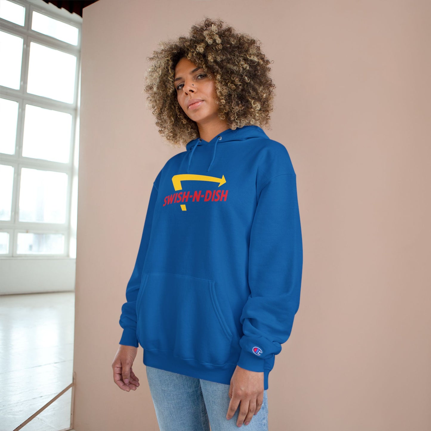 Swish-N-Dish Champion Hoodie, Casual Streetwear, Unisex Hoodie, Graphic Hooded Sweatshirt, Gift for Him or Her, Trendy Everyday Wear