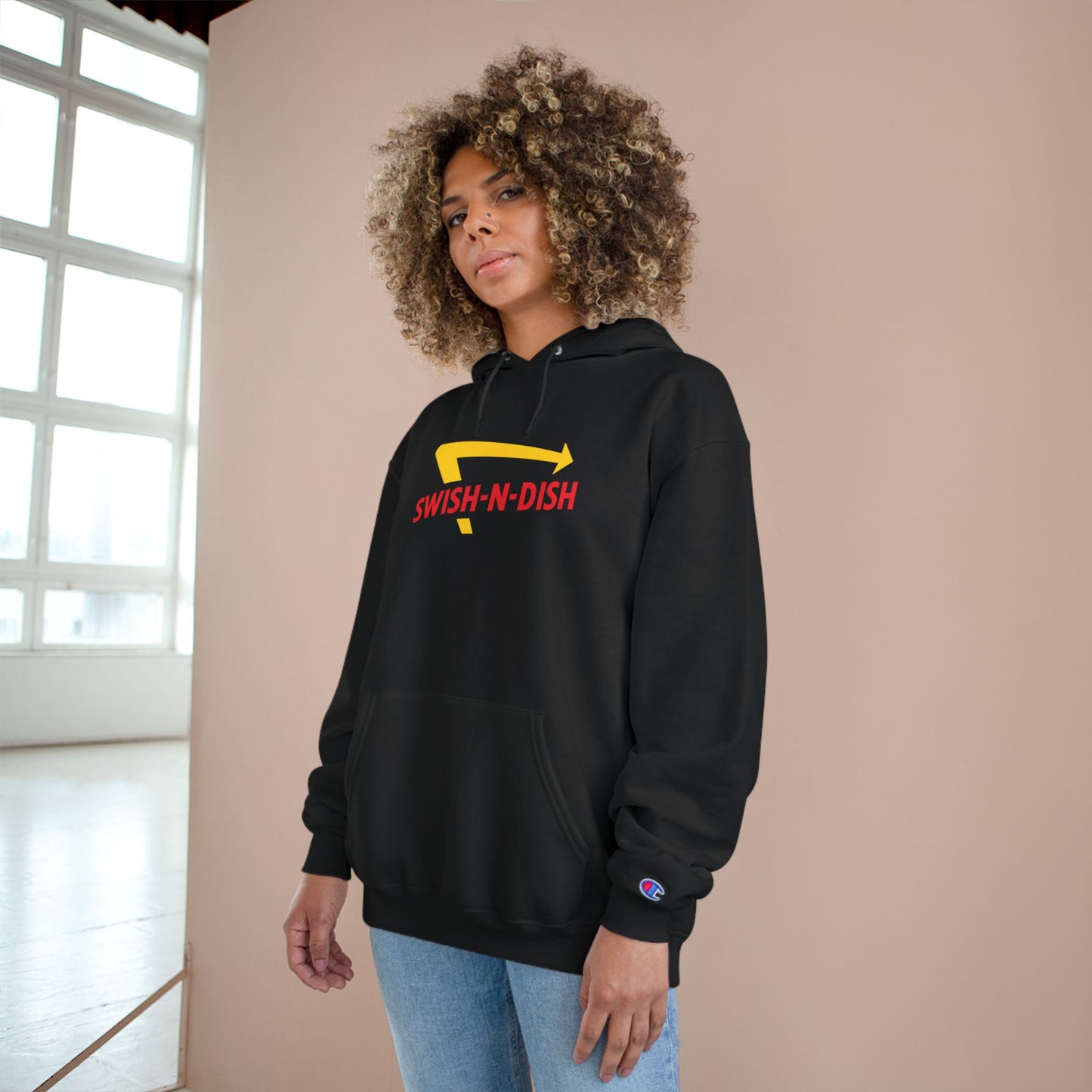 Swish-N-Dish Champion Hoodie, Casual Streetwear, Unisex Hoodie, Graphic Hooded Sweatshirt, Gift for Him or Her, Trendy Everyday Wear