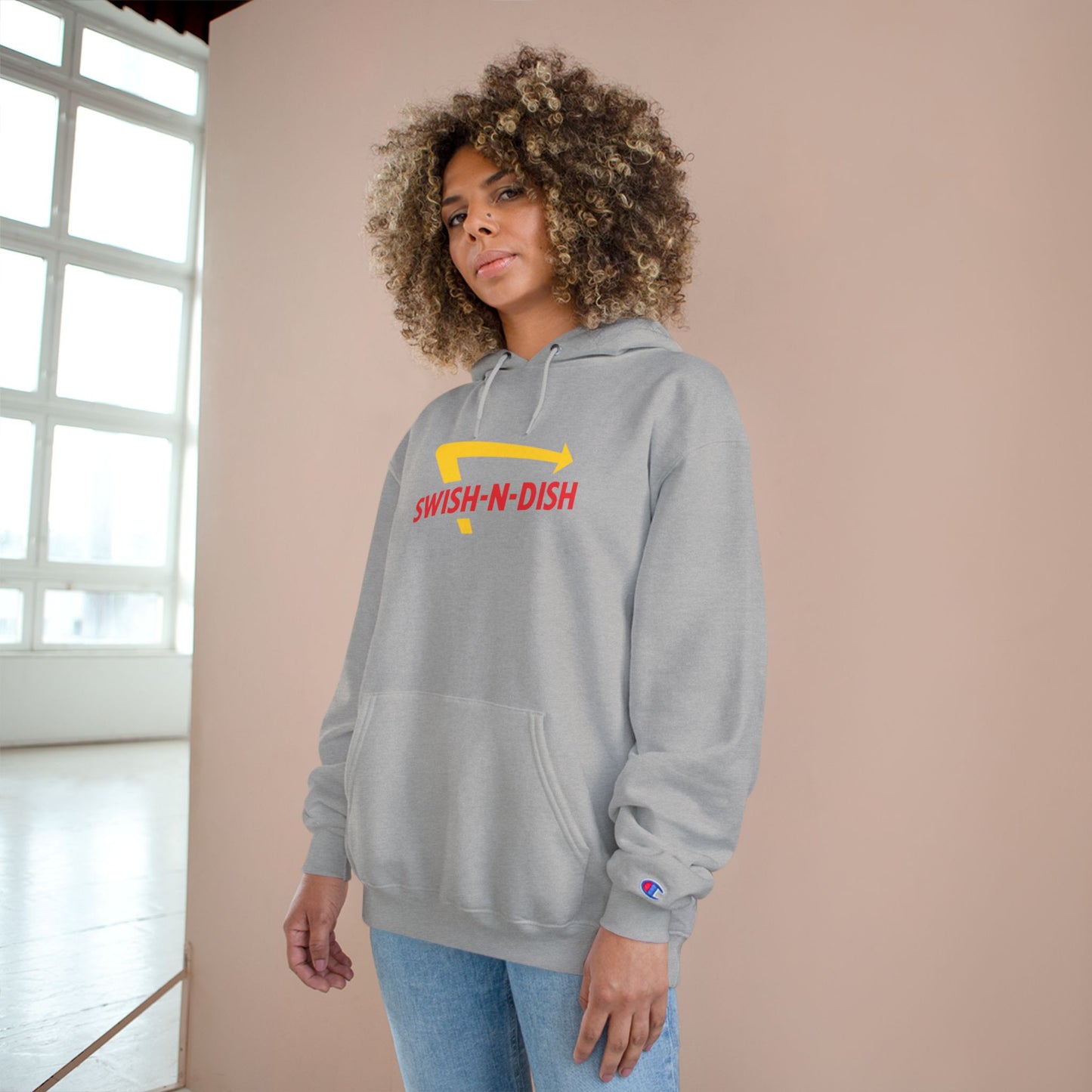 Swish-N-Dish Champion Hoodie, Casual Streetwear, Unisex Hoodie, Graphic Hooded Sweatshirt, Gift for Him or Her, Trendy Everyday Wear