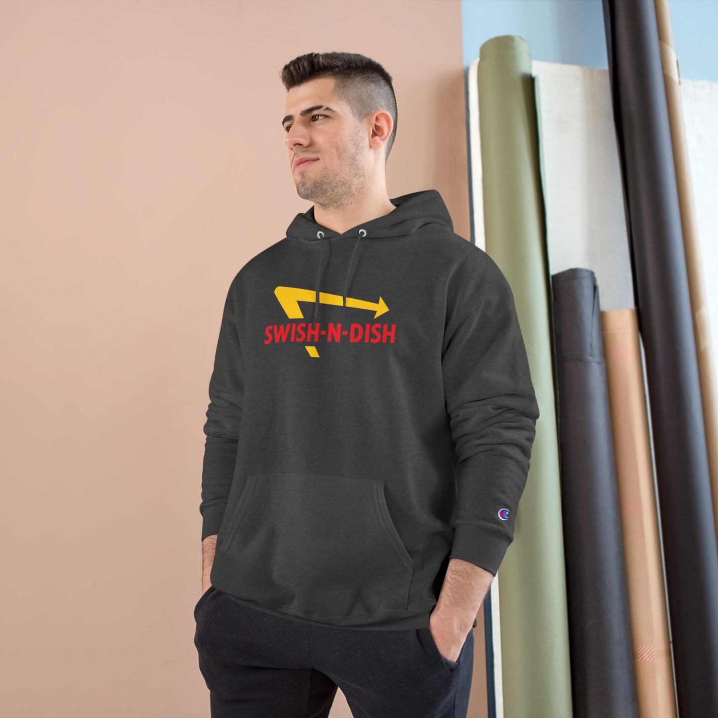 Swish-N-Dish Champion Hoodie, Casual Streetwear, Unisex Hoodie, Graphic Hooded Sweatshirt, Gift for Him or Her, Trendy Everyday Wear
