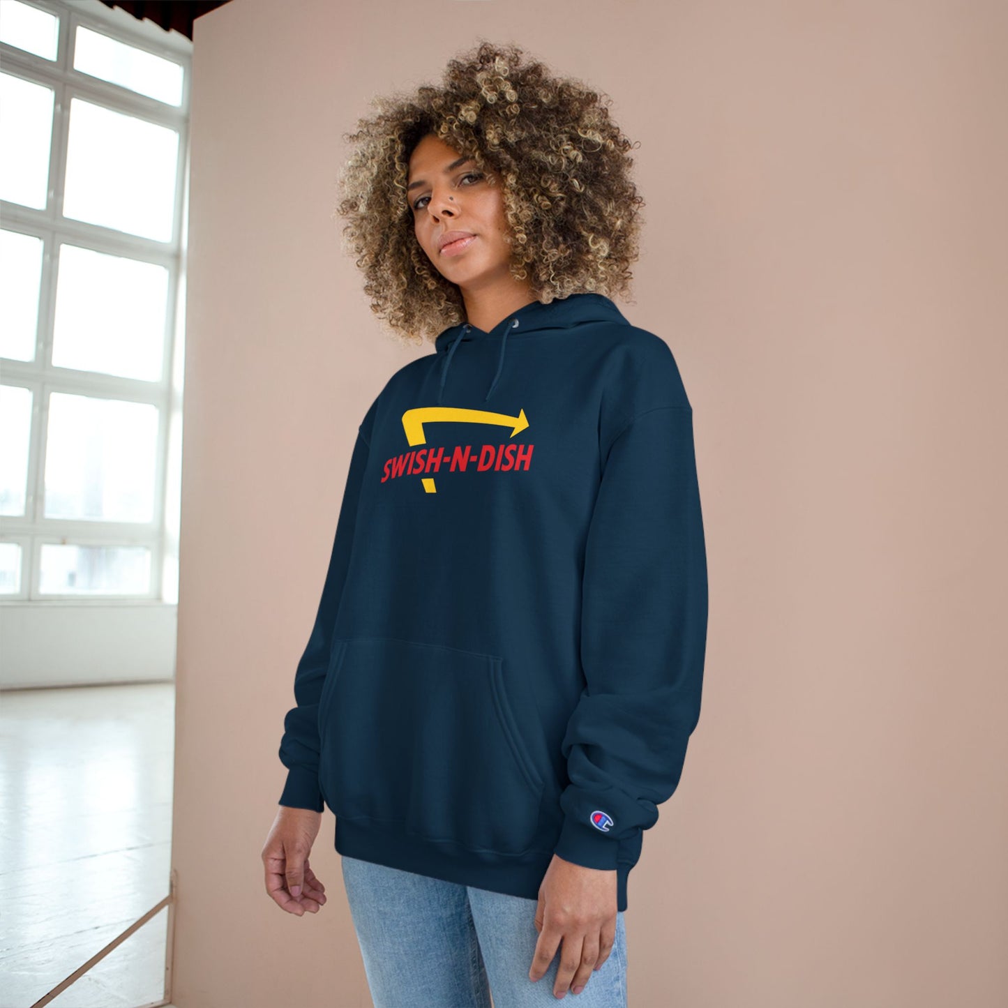Swish-N-Dish Champion Hoodie, Casual Streetwear, Unisex Hoodie, Graphic Hooded Sweatshirt, Gift for Him or Her, Trendy Everyday Wear