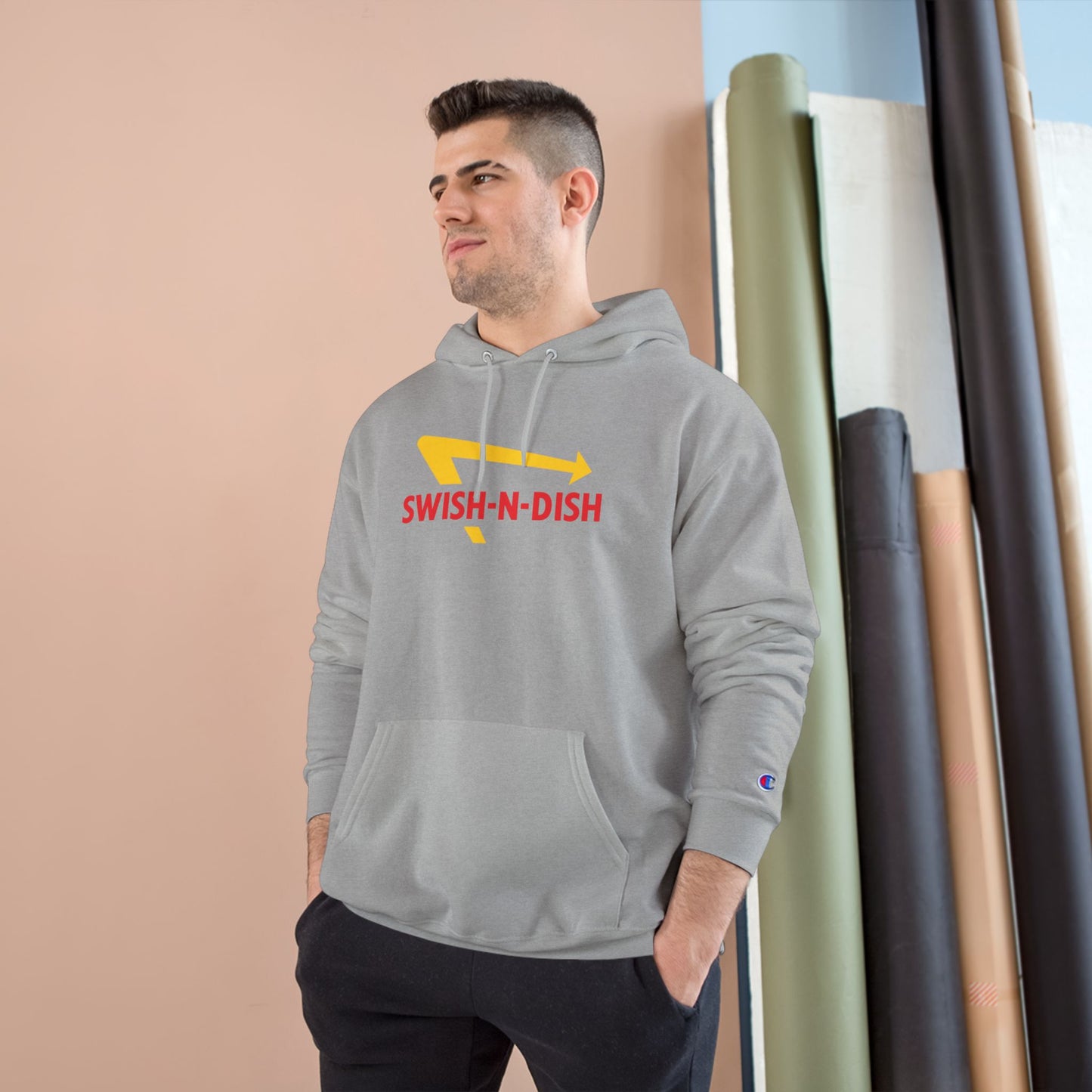 Swish-N-Dish Champion Hoodie, Casual Streetwear, Unisex Hoodie, Graphic Hooded Sweatshirt, Gift for Him or Her, Trendy Everyday Wear