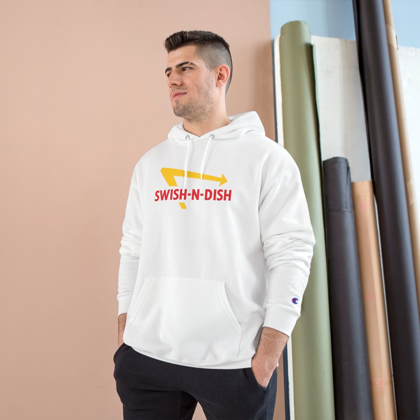 Swish-N-Dish Champion Hoodie, Casual Streetwear, Unisex Hoodie, Graphic Hooded Sweatshirt, Gift for Him or Her, Trendy Everyday Wear