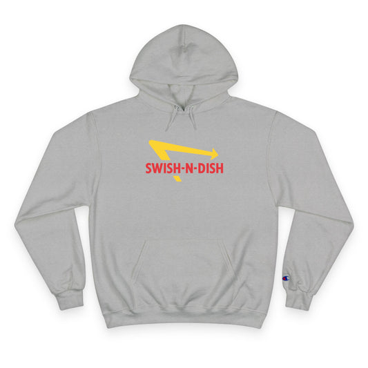 Swish-N-Dish Champion Hoodie, Casual Streetwear, Unisex Hoodie, Graphic Hooded Sweatshirt, Gift for Him or Her, Trendy Everyday Wear