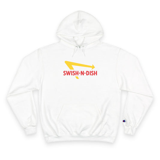 Swish-N-Dish Champion Hoodie, Casual Streetwear, Unisex Hoodie, Graphic Hooded Sweatshirt, Gift for Him or Her, Trendy Everyday Wear