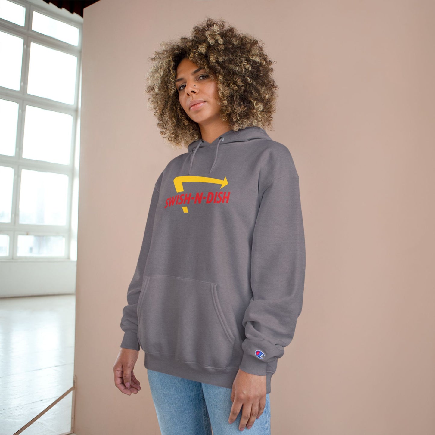 Swish-N-Dish Champion Hoodie, Casual Streetwear, Unisex Hoodie, Graphic Hooded Sweatshirt, Gift for Him or Her, Trendy Everyday Wear