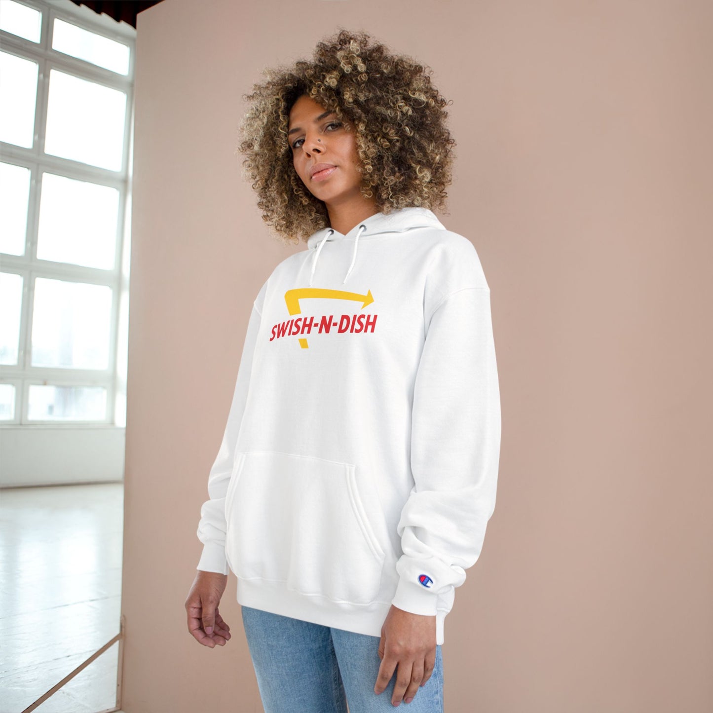 Swish-N-Dish Champion Hoodie, Casual Streetwear, Unisex Hoodie, Graphic Hooded Sweatshirt, Gift for Him or Her, Trendy Everyday Wear