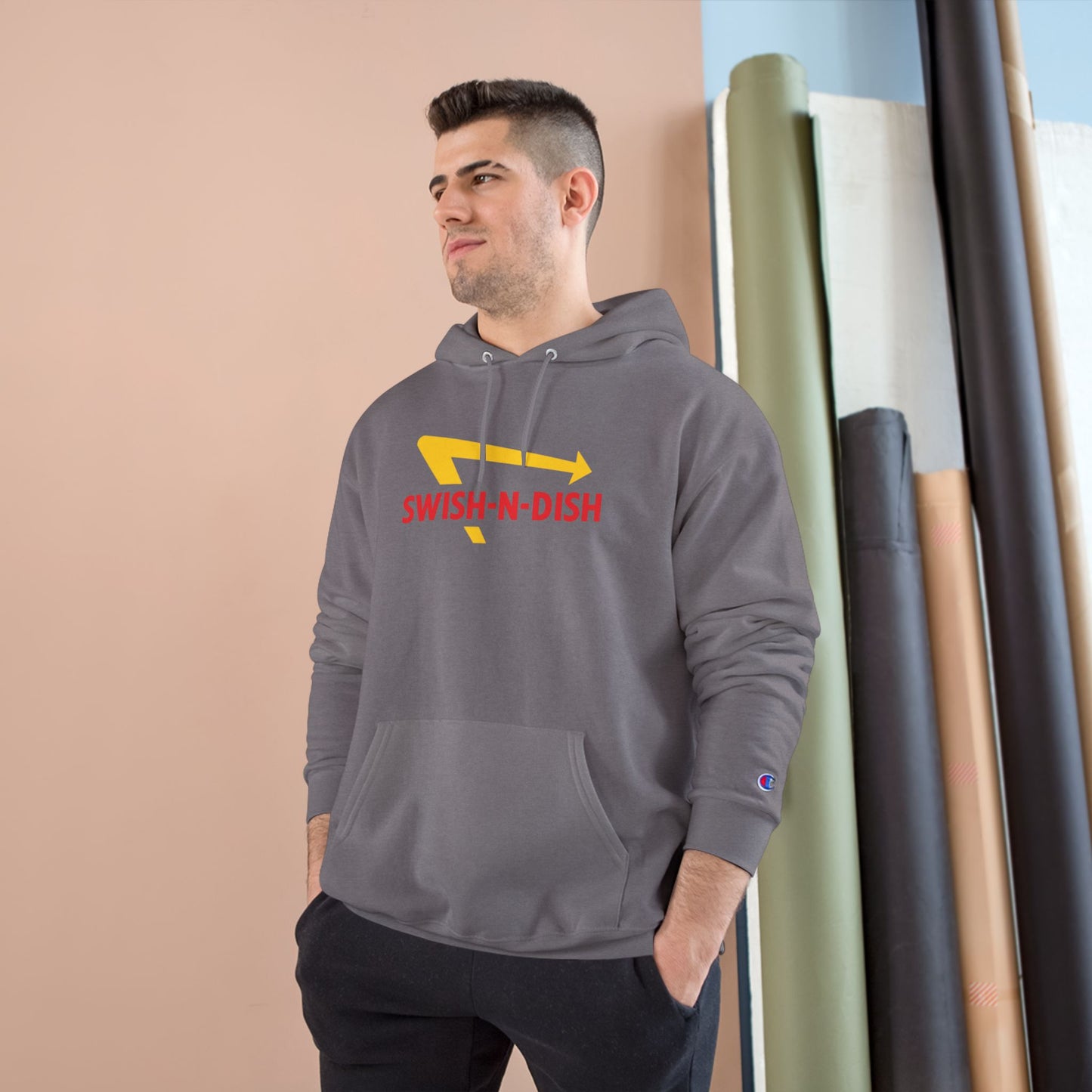 Swish-N-Dish Champion Hoodie, Casual Streetwear, Unisex Hoodie, Graphic Hooded Sweatshirt, Gift for Him or Her, Trendy Everyday Wear