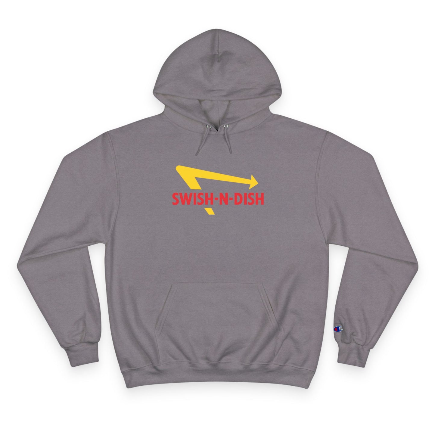 Swish-N-Dish Champion Hoodie, Casual Streetwear, Unisex Hoodie, Graphic Hooded Sweatshirt, Gift for Him or Her, Trendy Everyday Wear