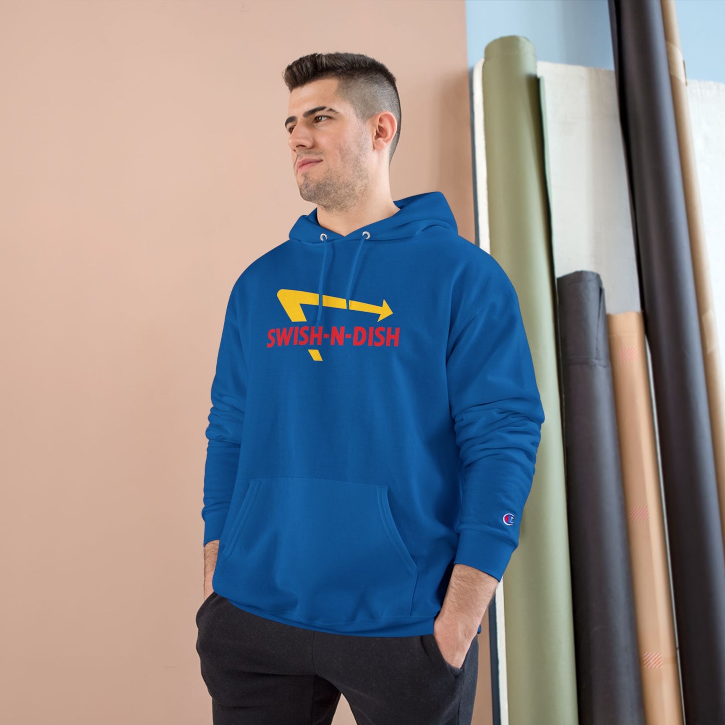 Swish-N-Dish Champion Hoodie, Casual Streetwear, Unisex Hoodie, Graphic Hooded Sweatshirt, Gift for Him or Her, Trendy Everyday Wear